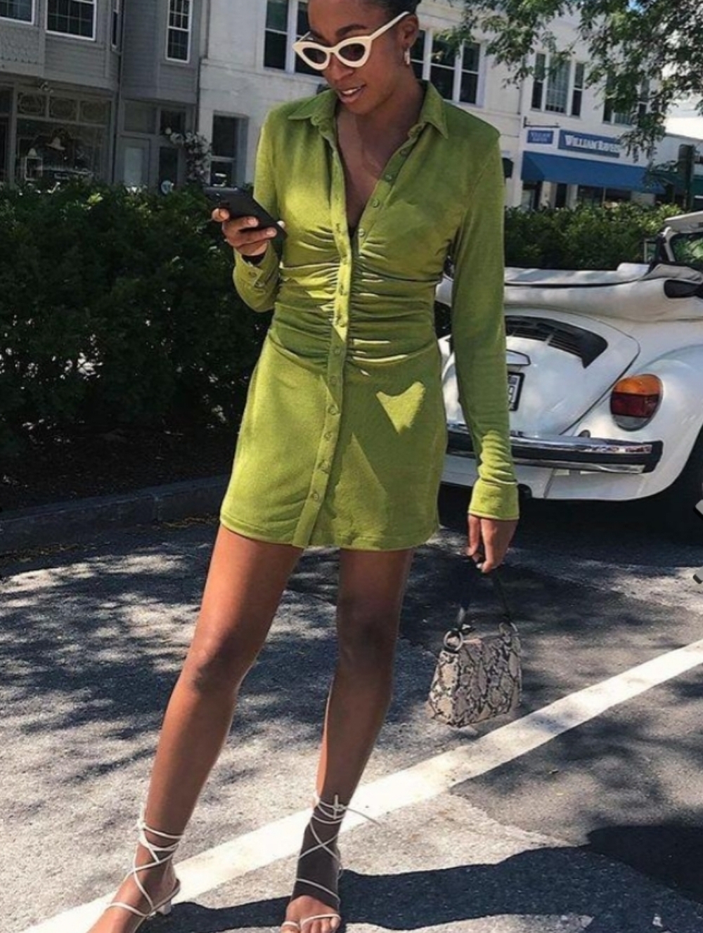 With Jean Andy Long Sleeve Button Down Ruched Front Collared Mini Dress Green M
